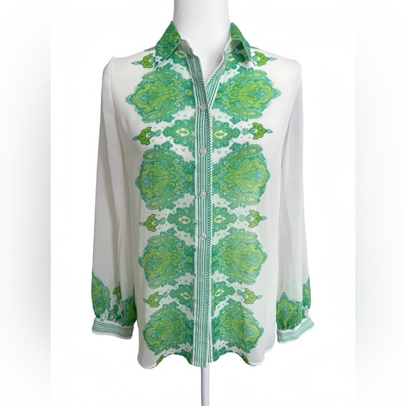 INC International Concepts Tops - INC White Green Floral Scarf Print Blouse Women’s 4 Semi Sheer Button